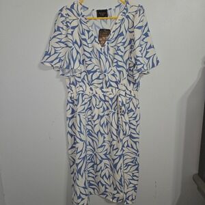 M#108 Amana XL Blue &‎ White Leaf Print Tie Waist Flutter Sleeve Midi Dress